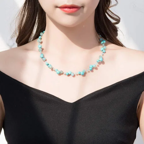Miniatura 4 de Collar corto turquesa con cuentas para mujer, joyería de moda con perlas y cuentas de cristal, regalos de cumpleaños para mujer, Vidrio, No es una