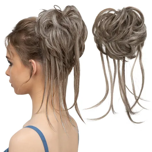 Miniatura 37 de CJL HAIR - Extensión de cabello tipo coletero de chongo desordenado, rizado, sintético, con colas rectas, scrunchies para peinados de moño
