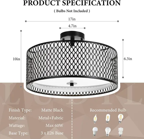 Miniatura 3 de Lámpara de techo semiempotrada de 17 pulgadas, moderna iluminación de techo E26 de doble tambor de 3 luces con jaula de malla de hierro negro mate