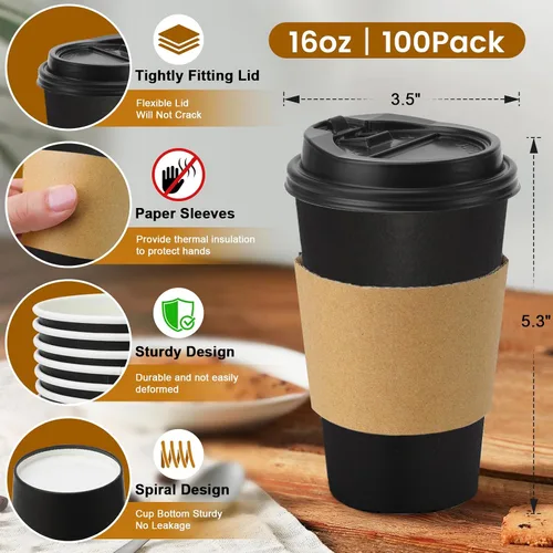 Miniatura 3 de Lamosi Paquete de 100 unidades de tazas de café desechables de 16 onzas con tapas y fundas, negras, a prueba de fugas, para llevar, tazas de café