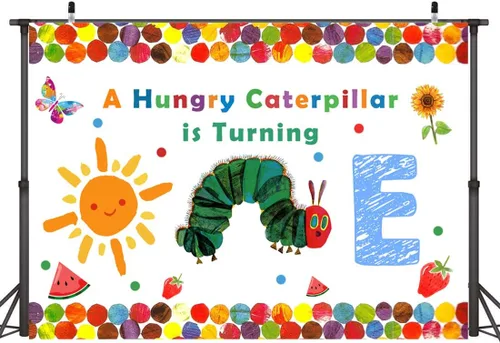 Miniatura 2 de Lofaris A Hungry Caterpillar is Turning One Happy Birthday - Telón de fondo de fiesta de cumpleaños con diseño de oruga de dibujos animados, diseño