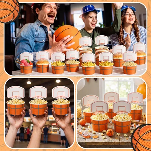 Miniatura 4 de Sunnyray 24 juegos de tazas de baloncesto con tarjetas, 8 onzas, desechables, de papel, para fiestas, pelotas deportivas, cuencos de comida