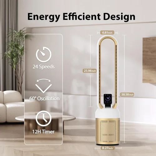 Miniatura 2 de Ventilador sin aspas de 38 pulgadas para dormitorio, ventilador de torre silencioso con control remoto y pantalla táctil LED grande, 24 velocidades