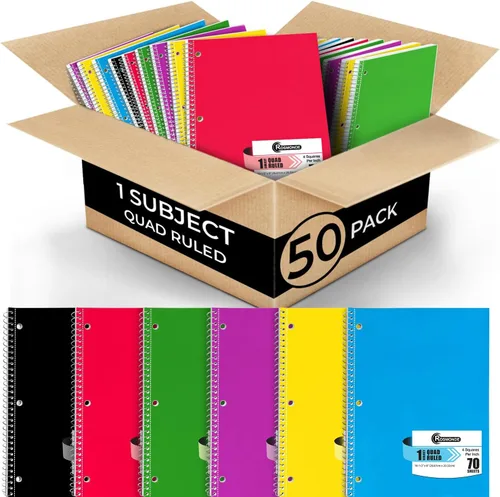 Rosmonde Paquete de 48 cuadernos con espiral de 1 tema, 140 páginas (70 hojas), 8.5 x 10.5, cuadrícula de 4 x 4 pulgadas, cuadrícula cuádruple, 3