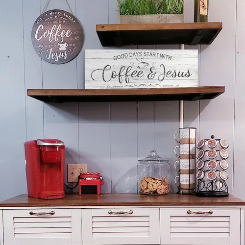 Miniatura 5 de Letrero cristiano de café para decoración – Good Days Start with Coffee & Jesus – Placa de lona rústica para colgar en la pared del hogar, cocina