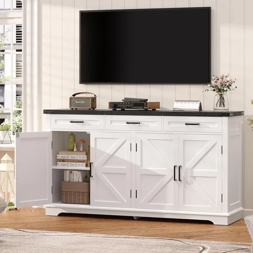 Miniatura 5 de usikey Aparador grande de 61 pulgadas con 4 puertas y 3 cajones, mesa de buffet de granja, armario de almacenamiento de comedor para cocina o sala