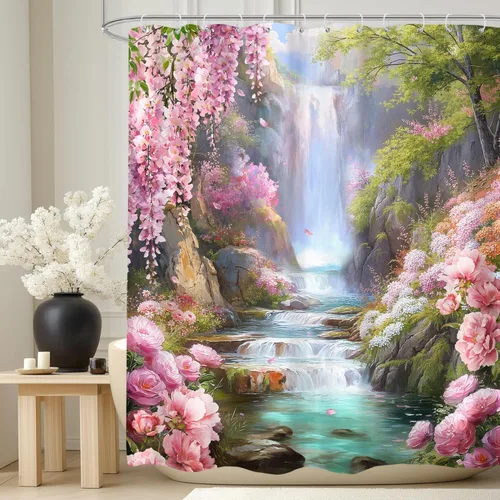 Miniatura 16 de Cortina de ducha floral gris y rosa de 72x72 pulgadas, flores de cerezo en rosa polvoriento y flores llorosas en primavera, tela impermeable