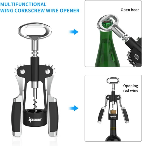 Miniatura 3 de IPOW Abridor de botellas de vino, Abridor de botellas de vino de aleación de zinc, Sacacorchos de ala resistente, Manual multifuncional tornillo