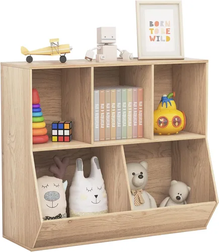Kids Bookshelf and Toy Organization,5 Cubby Open Wooden Playroom Organization and Storage, Toddler Bookshelf for Kid’s Room Bedroom Nursery