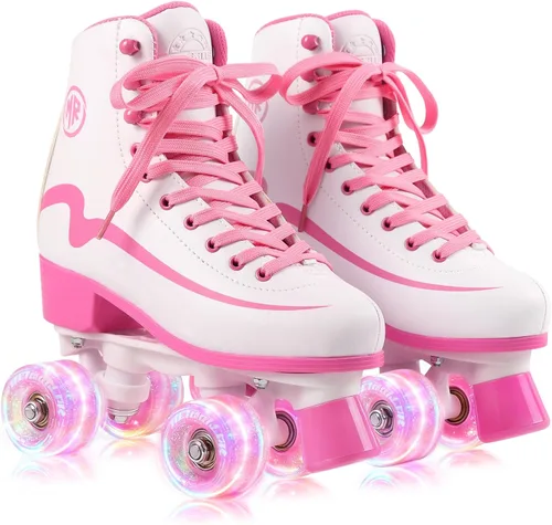 Miniatura 6 de Patines clásicos para niñas de 8 a 12 años, patines cuádruples para mujer con ruedas iluminadas, patines recreativos de piel sintética de alta