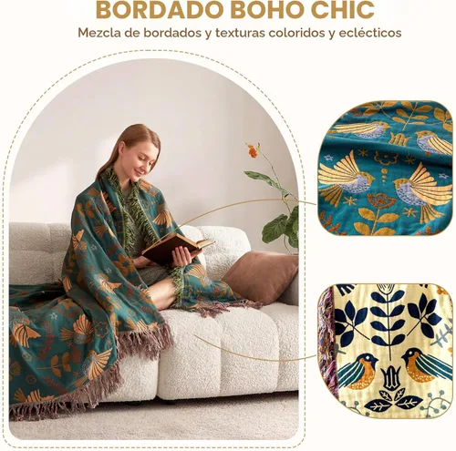 Miniatura 5 de LUTBM Manta bohemia 100% algodón suave con diseño de pájaros y flores, doble bordado, transpirable, para verano, 50 x 60 pulgadas, para todas