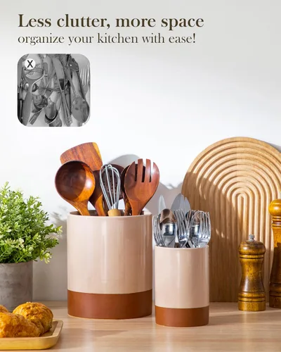 Miniatura 7 de MALACASA Soporte para utensilios, Portautensilios de cerámica de 7.3"+5.5" pulgadas para encimera de cocina, recipientes grandes para utensilios