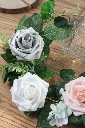 Miniatura 2 de Higfra Flores artificiales, 25 unidades, rosas falsas de aspecto real con tallos para ramos de boda, centros de mesa de baby shower, arreglos Blanco