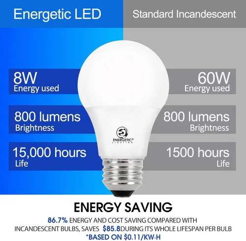 Miniatura 3 de Bombillas Energetic Light Equivalentes a 60 Vatios, Bombillas LED de Luz Diurna A19, 15000 Horas Base E26, Bombilla de 8W 800LM 5000K, Certificado