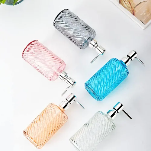 Miniatura 2 de Dispensador de jabón de vidrio de 16 onzas con bomba de agua de color plateado, diseño de diamante, dispensador de jabón de baño para jabón