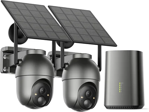 Aume Cámaras de seguridad de 4MP inalámbricas para exteriores, sin suscripción, kit de 2 cámaras, alimentado por energía solar, sistema de cámara de