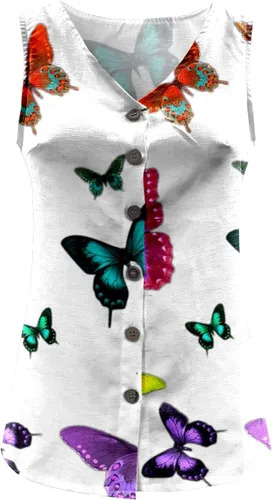 Miniatura 4 de Camiseta sin mangas para mujer de verano con botones sin mangas casual cuello en V estampado de mariposas algodón lino blanco L