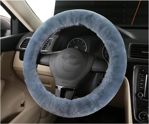 Miniatura 4 de U&M Funda para volante de automotor de lana auténtica, elastizada. Almohadilla protectora de volante de vehículo, de lana australiana, Gris azul
