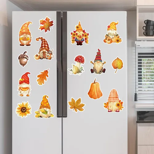 Miniatura 6 de Whaline 16 imanes de gnomo de otoño para refrigerador, calcomanías de imanes de nevera de otoño, hojas de arce, calabazas, forma de gnomo