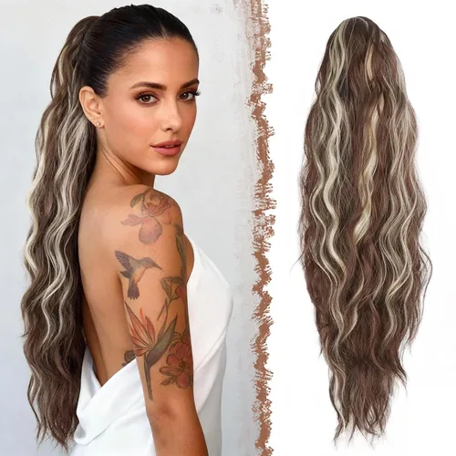 Miniatura 12 de FESHFEN Extensiones de cola de caballo – 26 pulgadas cordón largo rizado ondulado clip en colas de caballo pelo sintético extensiones de cola