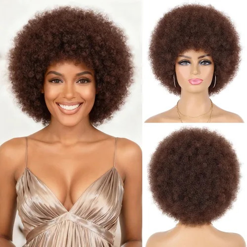 G&T Wig - Pelucas afro de los 70 para mujeres de raza negra, pelucas afro rizadas de marrón oscuro, pelucas completas suaves y naturales con aspecto