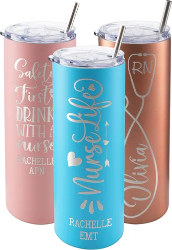 Miniatura 14 de Regalos de enfermera para mujeres, vaso personalizado para enfermera con nombre y especialidad, 20 onzas flacas, blanco, 8 diseños, con cepillo