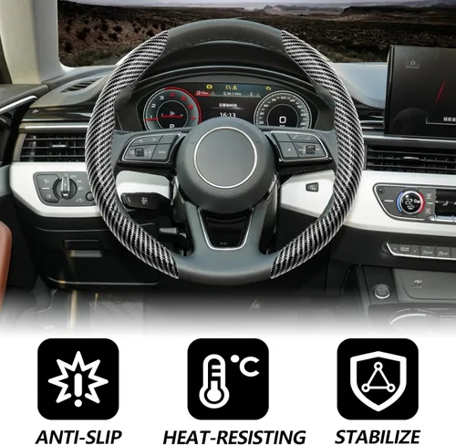 Miniatura 4 de 2 fundas de volante de fibra de carbono de ajuste universal, antideslizantes, protector segmentado para volante, accesorios interiores de automóvil