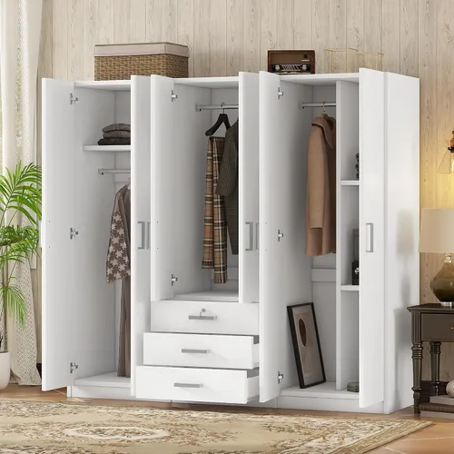 Miniatura 3 de Armario grande de 6 puertas, armario de madera de 70.9 pulgadas de ancho con cajones grandes, armario de dormitorio, vestidor, armario organizador