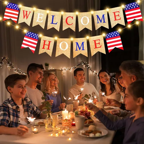 Miniatura 7 de Mudder Cartel de bienvenida al hogar del 4 de julio con decoración LED, cadena de luces de hadas, 2 modos de parpadeo, pancarta patriótica