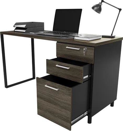 Crafts and Comfort - Escritorio para computadora de oficina Milano de diseño moderno con 3 cajones de bloqueo, escritorio de madera industrial gris