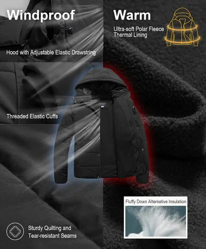 Miniatura 5 de CREATMO US Chaqueta acolchada de invierno para hombre grande y alta, impermeable, abrigo de burbujas, parka de esquí hinchada con capucha