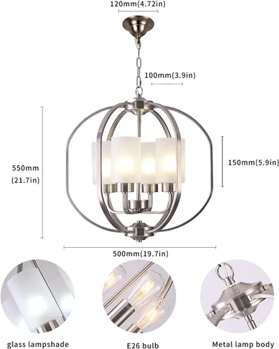 Miniatura 5 de BOZO Candelabro de globo de níquel cepillado de 20 pulgadas, lámpara colgante moderna de 4 luces para comedor y vestíbulo con pantallas de vidrio