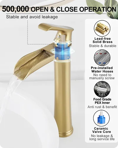 Miniatura 5 de Grifo para fregadero de recipiente, grifo de baño alto de latón en cascada, 1 manija, grifos dorados para mueble de baño, 1 agujero con drenaje