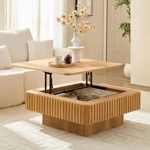 Miniatura 21 de 31.52" Square Lift Top Coffee Table with Storage, Natural Rattan & Hemp Rope, Adjustable Function, Vintage Farmhouse Center Table for Living Room