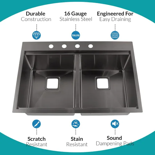 Miniatura 3 de S STRICTLY KITCHEN + BATH - Fregadero de cocina de 33 pulgadas de montaje superior, estación de trabajo, tazón doble 50/50, calibre 16, acero