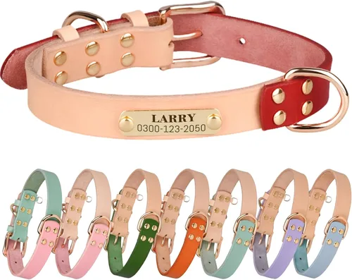 Miniatura 11 de Collar de perro personalizado con placa de identificación, piel auténtica, etiqueta de identificación de mascota grabada con número de teléfono