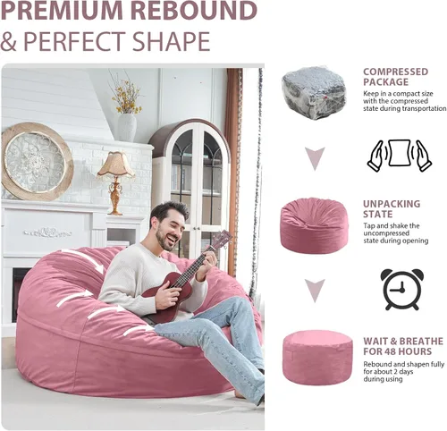 Miniatura 67 de Puf de 5 pies, puf grande con relleno de espuma viscoelástica, sofá puff esponjoso con funda de terciopelo holandés, puf redondo para sala de estar