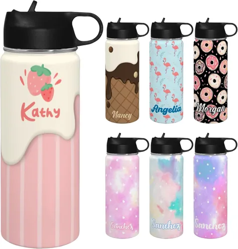 Miniatura 20 de Personalized Kids Water Bottle with Name, 18oz Insulated Stainless Steel Straw, Leak Proof BPA-Free Water Bottle for School, Sports & Travel, Custom