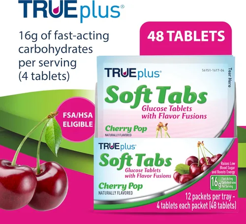 Miniatura 2 de TRUEplus Soft Tabs Tabletas de glucosa, masticables, sabor Cherry Pop, 0.64 onzas de carbohidratos de acción rápida, sin grasa, sin gluten, Boost