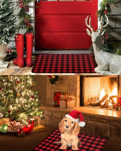 Miniatura 3 de Tapetes de Navidad para Exteriores/Interiores con Patrón Rústico de Cuadros de Búfalo Rojo y Negro Antideslizantes, Tapete de Bienvenida para Puerta