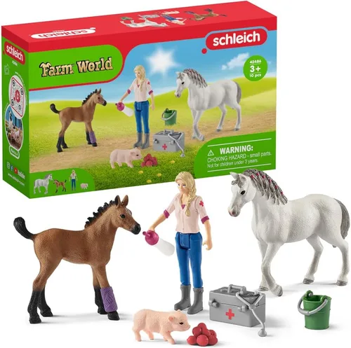 Schleich Farm World - Juego de 9 piezas de visita veterinaria con figuras de cerdito, yegua y potro, juego detallado y duradero, juego divertido y