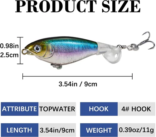 Miniatura 2 de Topwater - Señuelos de pesca para lubina, señuelos Whopper Popper con ojos 3D realistas y colas giratorias para agua dulce y salada, juego de 5