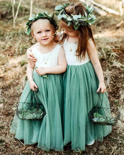 Miniatura 2 de 2Bunnies - Vestido de fiesta acampanado, con tutú de tul recto, diseño de espalda con encaje de peonías, para las niñas del cortejo nupcial