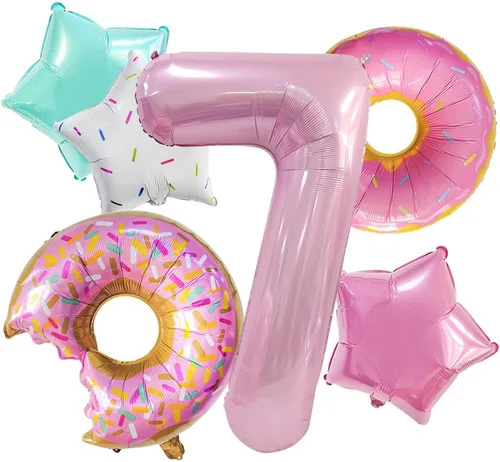 Miniatura 9 de Decoraciones de dona para el primer cumpleaños, suministros de decoración de fiesta de cumpleaños para niñas, 40 pulgadas, color rosa, 6 globos