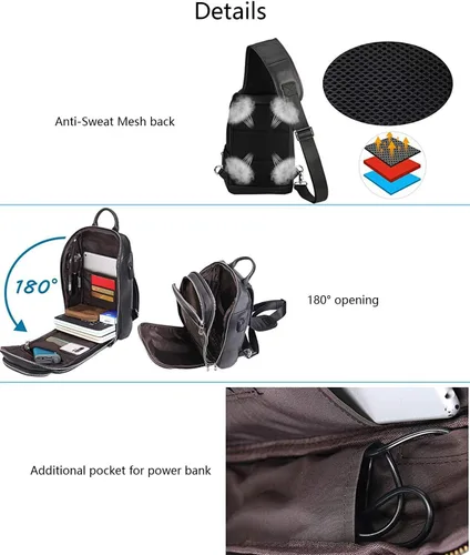 Miniatura 7 de Bolso vintage de cuero genuino de grano completo para hombres, mini pequeño tamaño mediano, con puerto de carga USB, Negro (Small-black), S