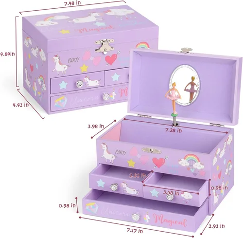 Miniatura 4 de efubaby Joyero musical para niñas, organizador de joyas de 3 capas con cajones, diseño de unicornio de bailarina giratoria, incluye juego de joyas