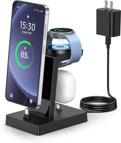 NANAMI Cargador USB C de 30 W para dispositivos Samsung, estación de carga 3 en 1 para Samsung Galaxy Watch 8/7/6/5/4/3, soporte para Galaxy S26 S25
