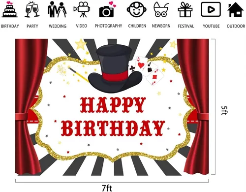 Miniatura 7 de Lofaris Telón de fondo de 7 x 5 pies con espectáculo mágico de feliz cumpleaños para niños y niñas, cortinas rojas de mago, decoración de baby