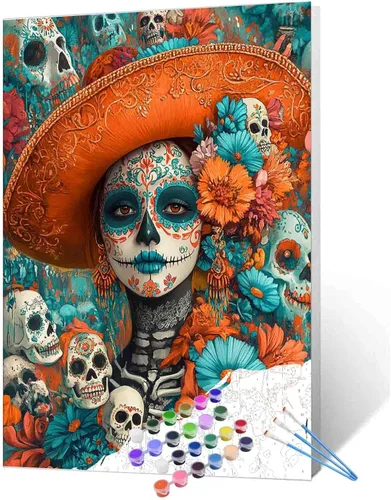 Miniatura 19 de Pintura por números para parejas tomadas de la mano, para adultos, principiantes, Día de los Muertos, Esqueleto, Pintura por números sobre lienzo