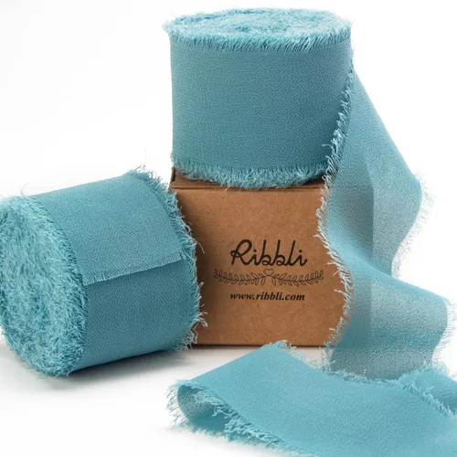 Ribbli Cinta de Gasa Azul Marino Profundo de 1-1/2 pulgadas x 20 Yardas Cinta de Seda de Gasa con Flecos Hecha a Mano, Cinta Azul para Invitaciones